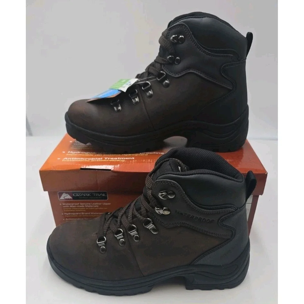 Ozark Trail Bandy Men's Hiking Boots Size 7.5 Dark Brown Leather Waterproof